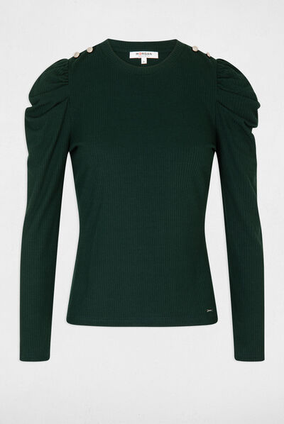 Camiseta manga larga acanalada verde oscuro mujer