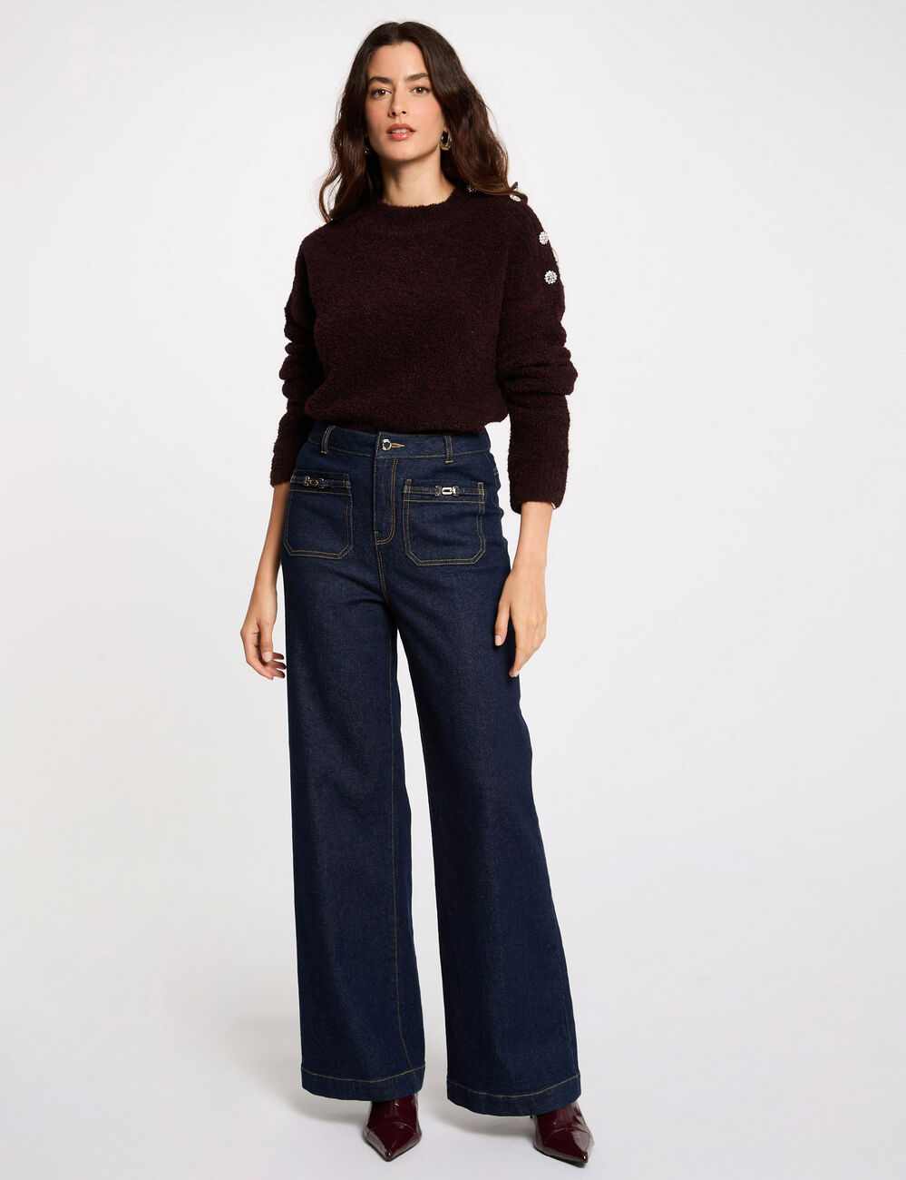 Jersey cuello alto y botones ciruela mujer