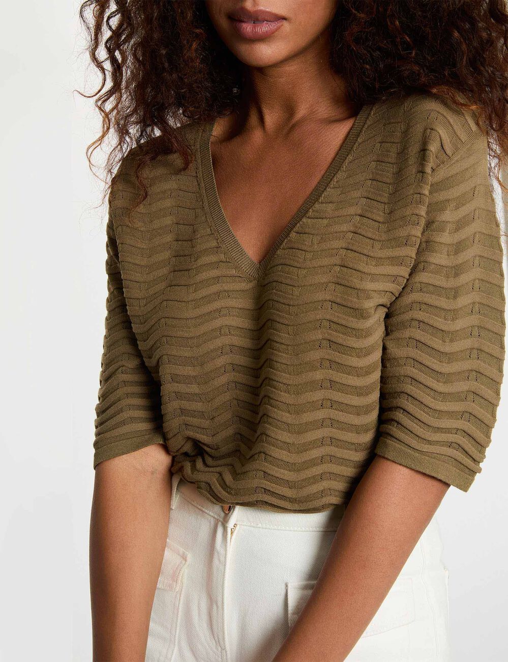 Jersey cuello v mangas 3/4 verde caqui mujer
