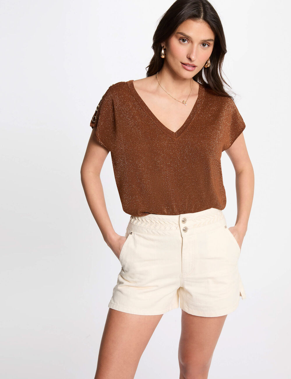 Jersey escote en V manga corta marrón coñac mujer
