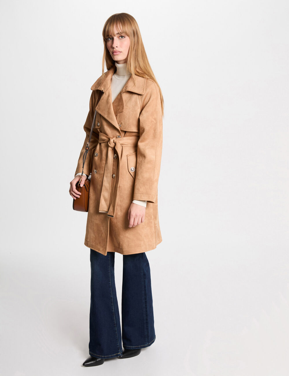 Gabardina larga de antelina marron clair mujer