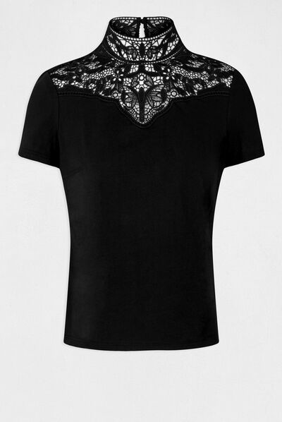 Camiseta manga corta con encaje negro mujer
