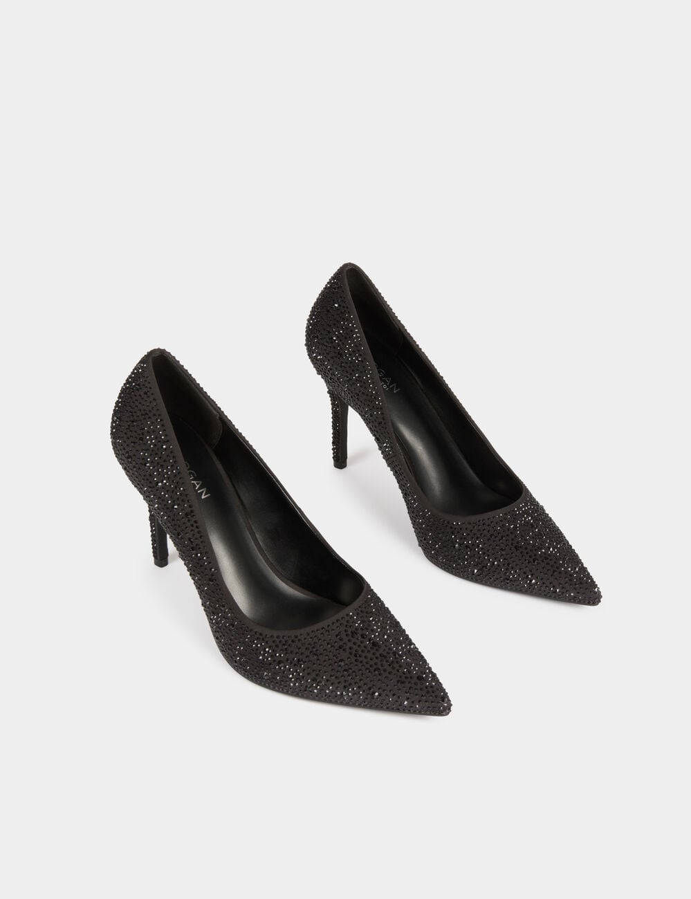 Zapato de tac&oacute;n satinado con strass negro mujer