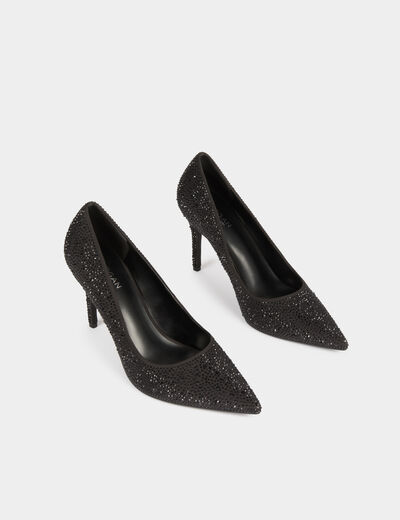 Zapato de tac&oacute;n satinado con strass negro mujer