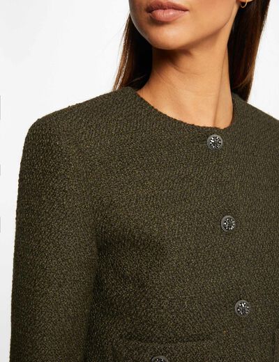 Chaqueta recta abotonada cuello redondo verde oscuro mujer