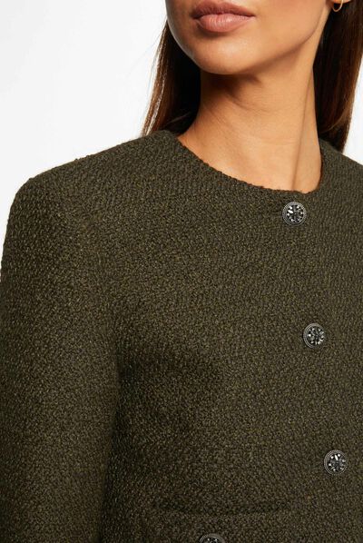 Chaqueta recta abotonada cuello redondo verde oscuro mujer