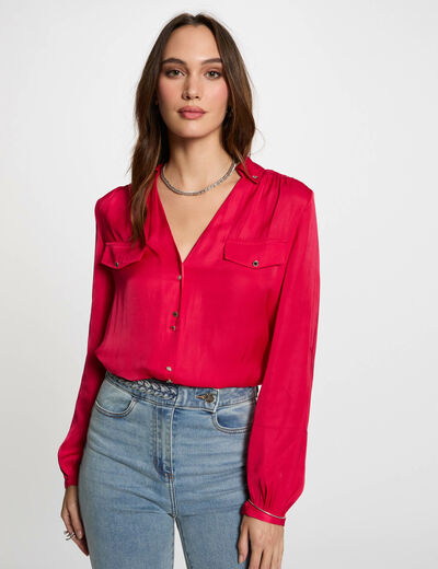 Camisa manga larga satinada violeta mujer