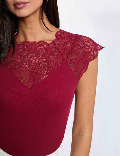 Camiseta de encaje cuello redondo burdeos mujer