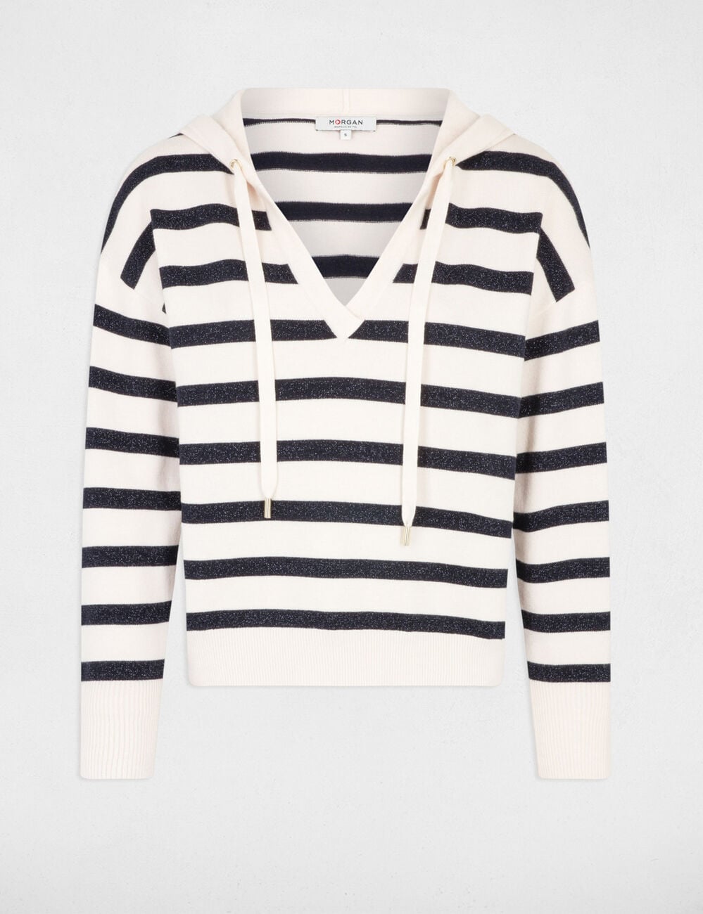 Jersey escote en V y capucha marfil mujer