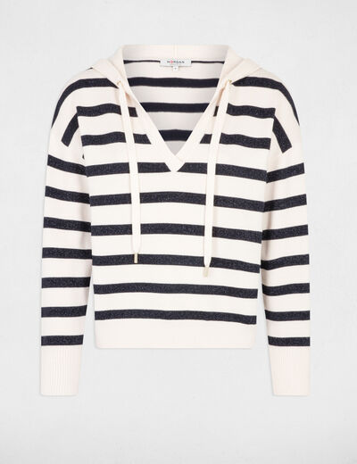 Jersey escote en V y capucha marfil mujer