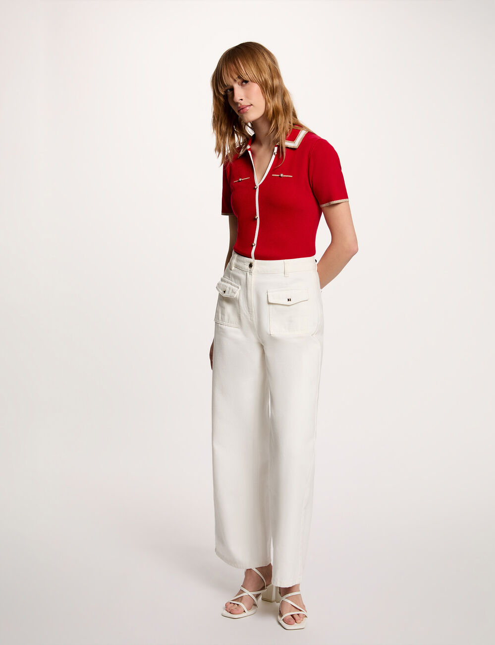 Jersey cuello tipo polo manga corta rojo mujer