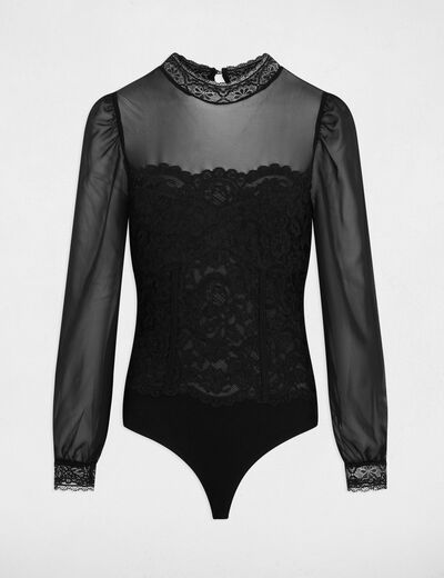 Body manga larga encaje negro mujer