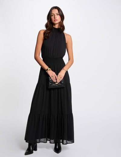Vestido largo recto plumeti negro mujer