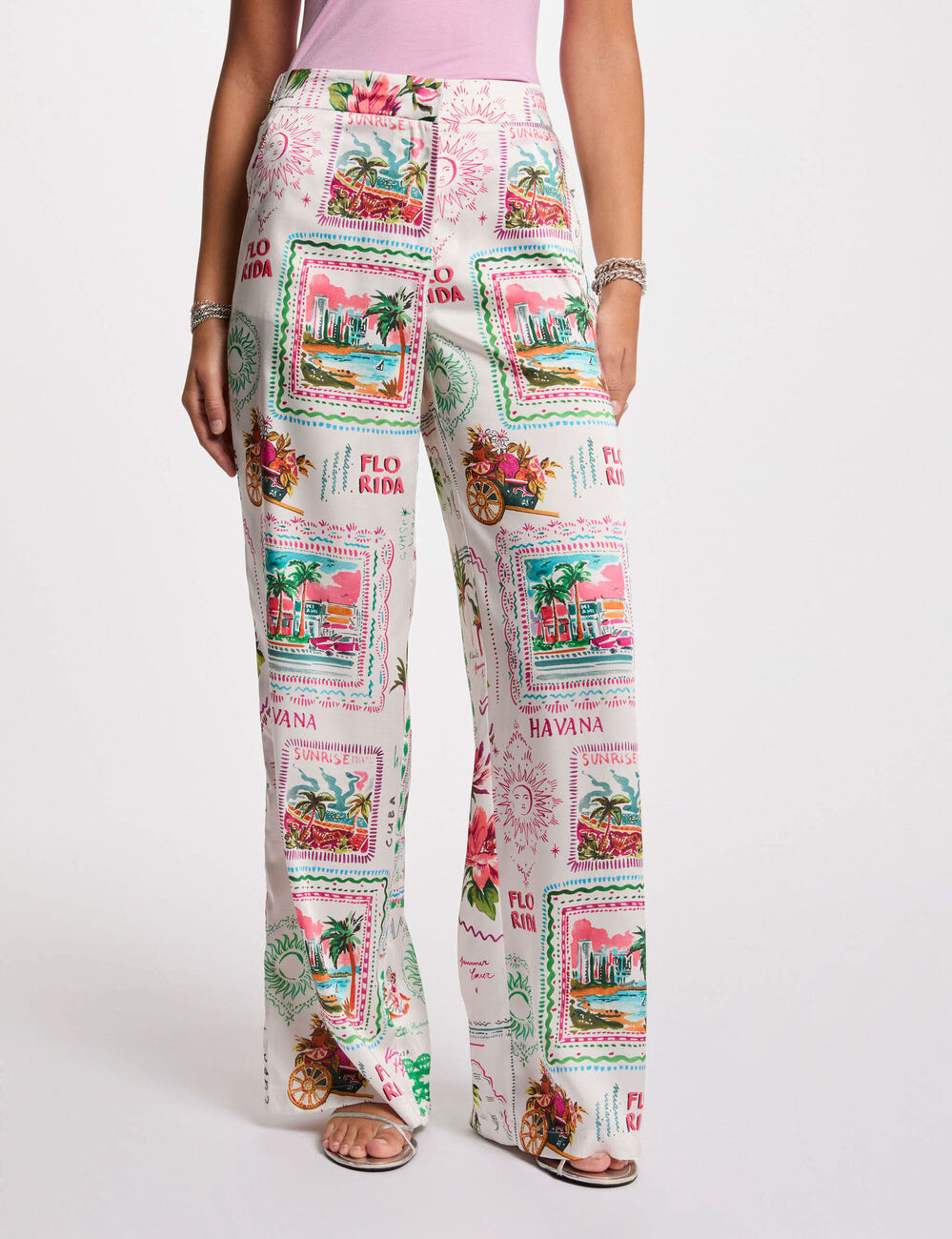 Pantalón ancho estampado multicolor mujer