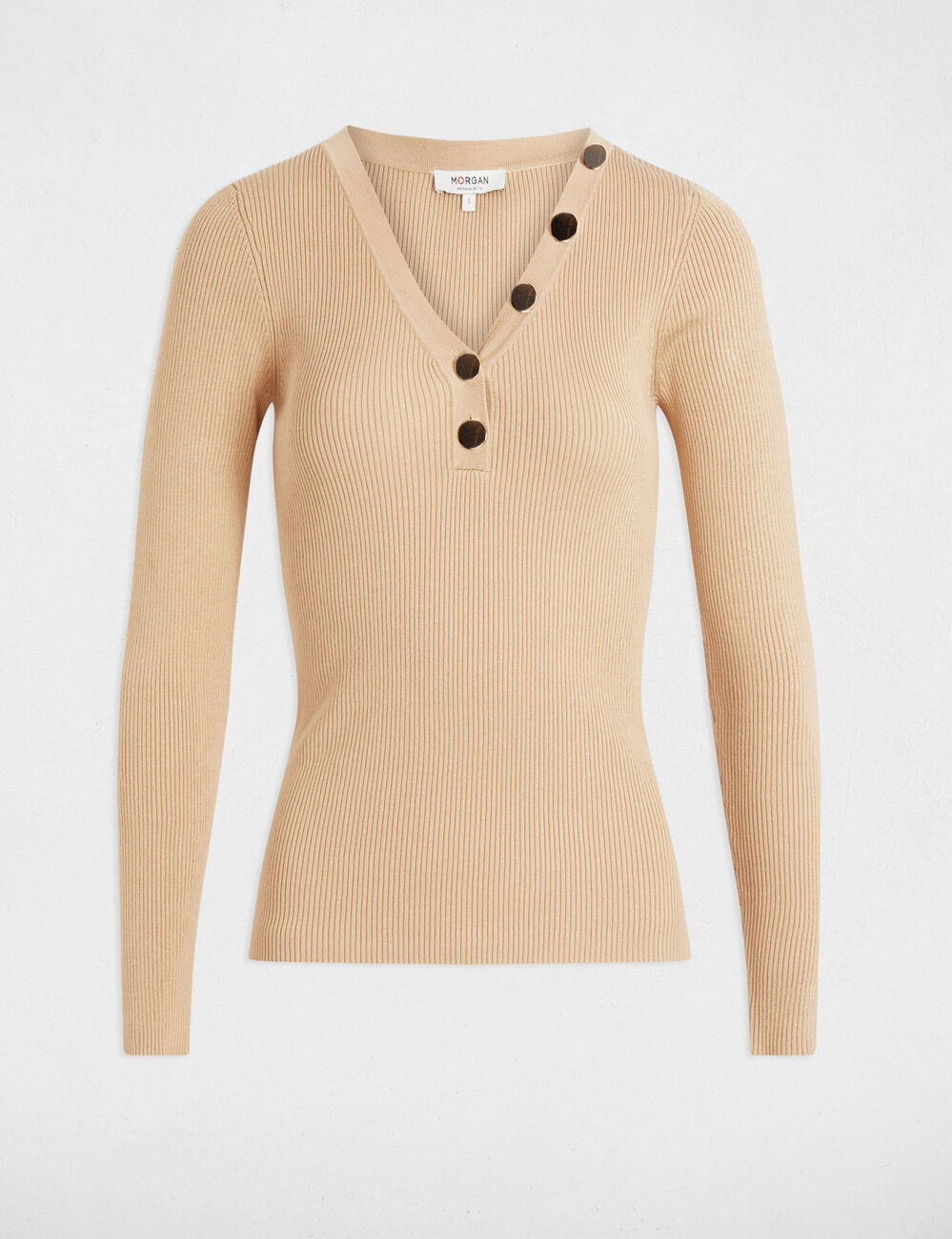 Jersey de manga larga punto fino botones marron clair mujer