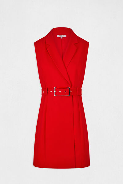 Vestido cruzado sin mangas con cinturón rojo mujer