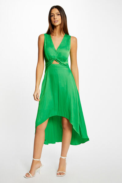 Vestido midi evasé asimétrico verde mujer