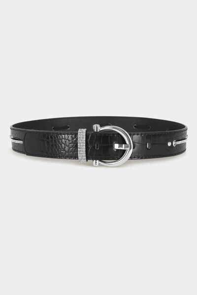 Cinturón con efecto cocodrilo y strass negro mujer
