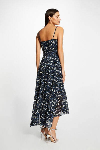 Vestido largo acampanado estampado azul mujer