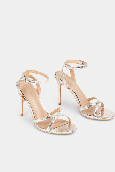 Sandalias de tacón efecto metalizado plateado mujer