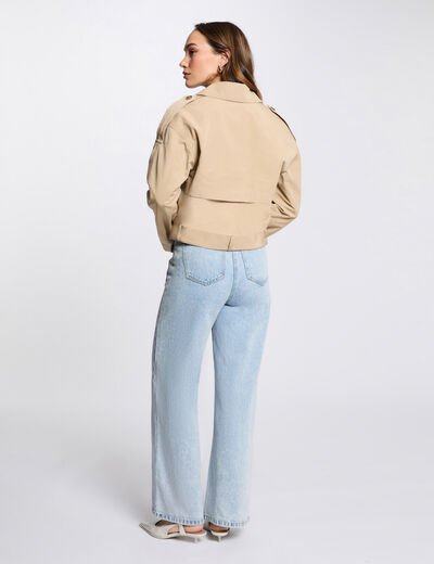 Gabardina corta con cinturón beige mujer
