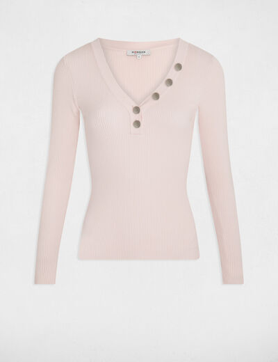 Jersey de manga larga punto fino botones rosa mujer