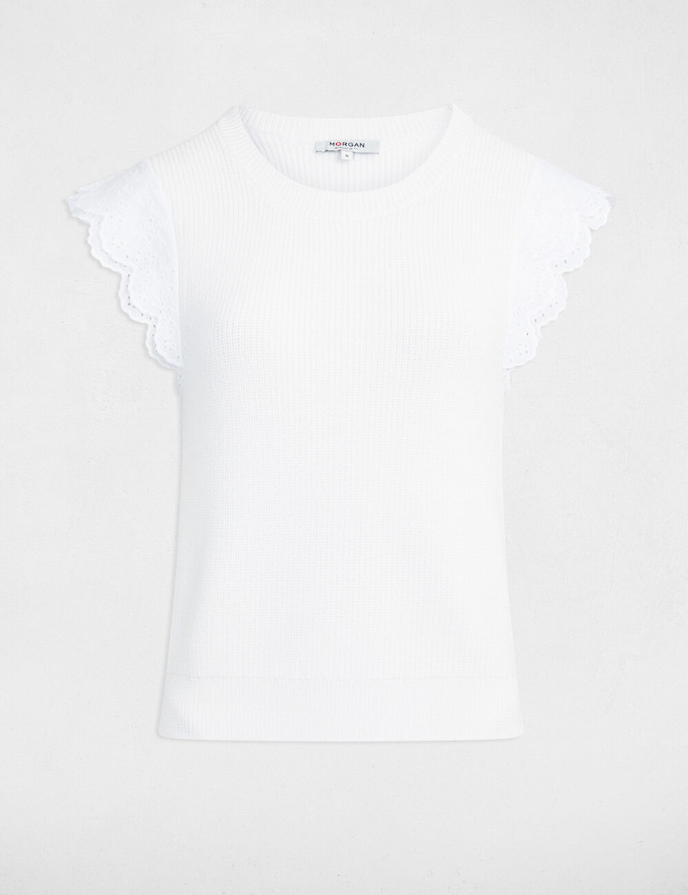 Top con cuello redondo y volantes blanco mujer