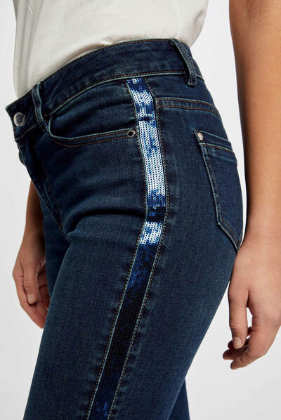 Vaquero slim con bandas lentejuelas vaquero stone mujer