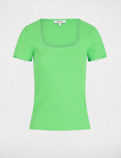Camiseta acanalada manga corta verde mujer