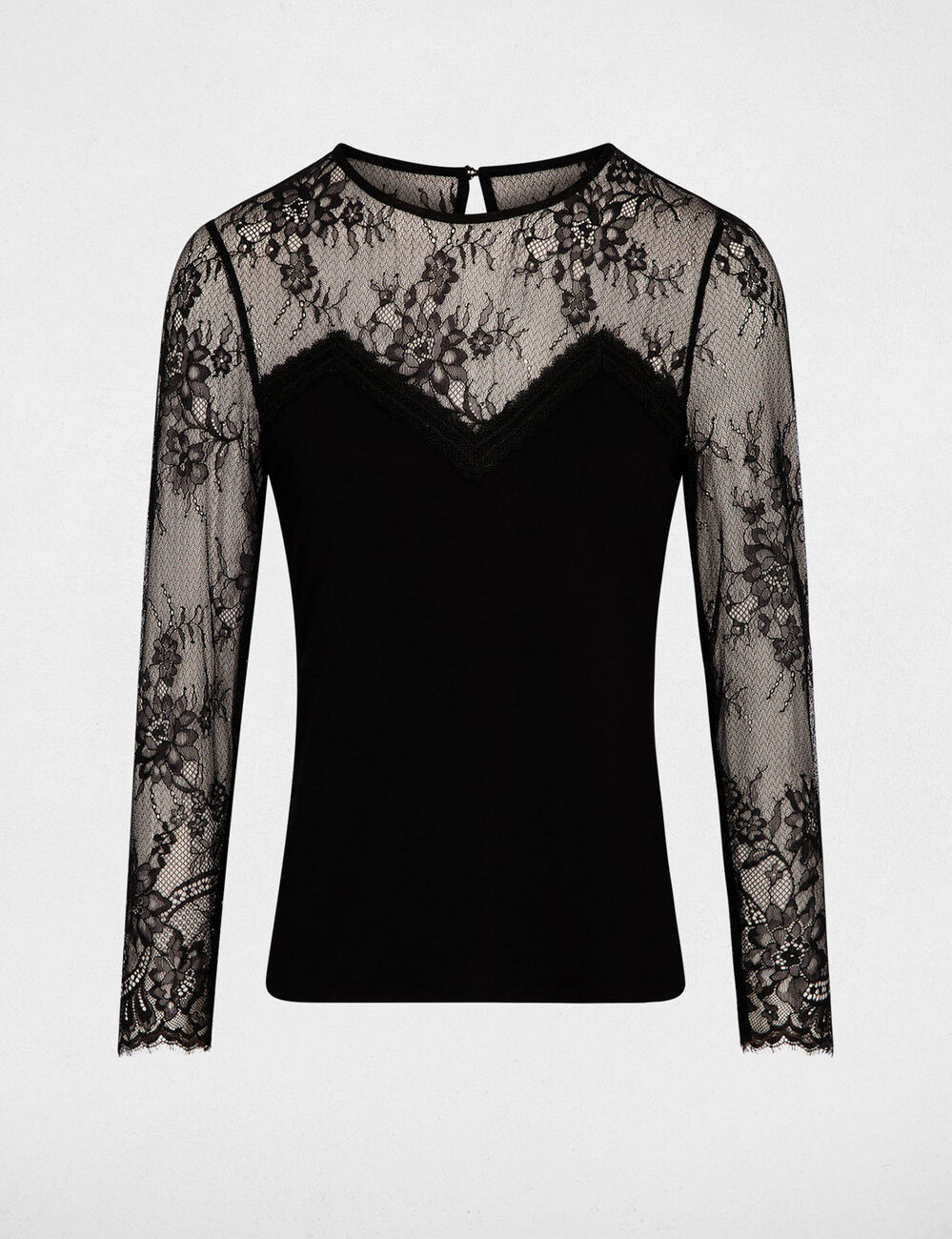 Camiseta de encaje con cuello redondo negro mujer