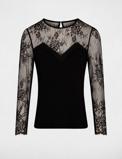 Camiseta de encaje con cuello redondo negro mujer