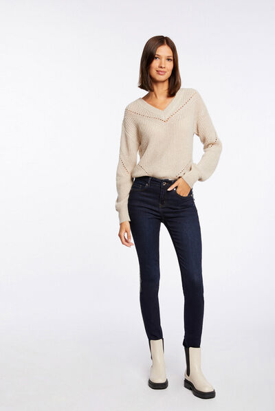 Vaquero slim con bandas strass vaquero sin tratar mujer