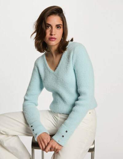 Jersey manga larga con escote en V azul cielo mujer