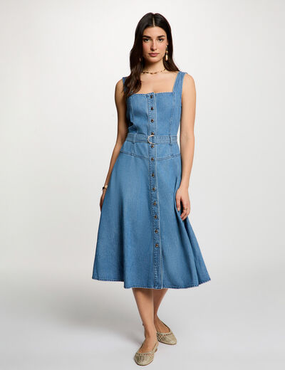 Vestido midi con escote cuadrado denim stone mujer