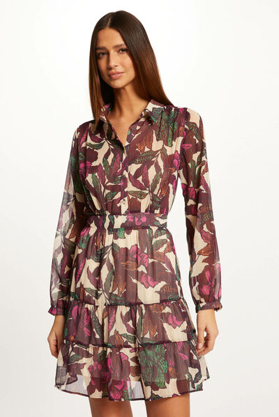 Vestido evasé estampado vegetal multicolor mujer