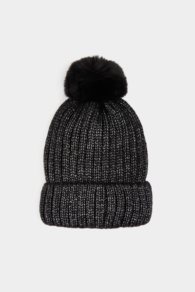 Gorro con pompon y hilos metalizados negro mujer