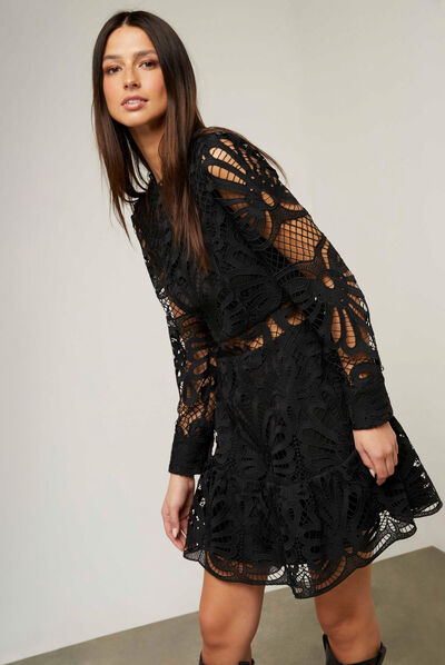 Vestido evasé de encaje con volantes negro mujer