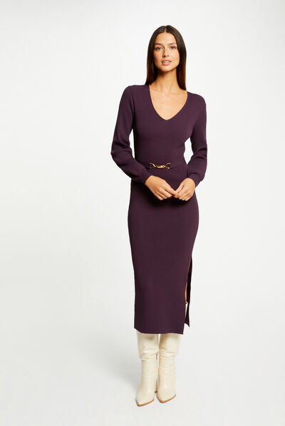 Vestido de punto largo ajustado ciruela mujer