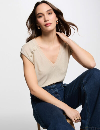 Camiseta de manga corta beige mujer