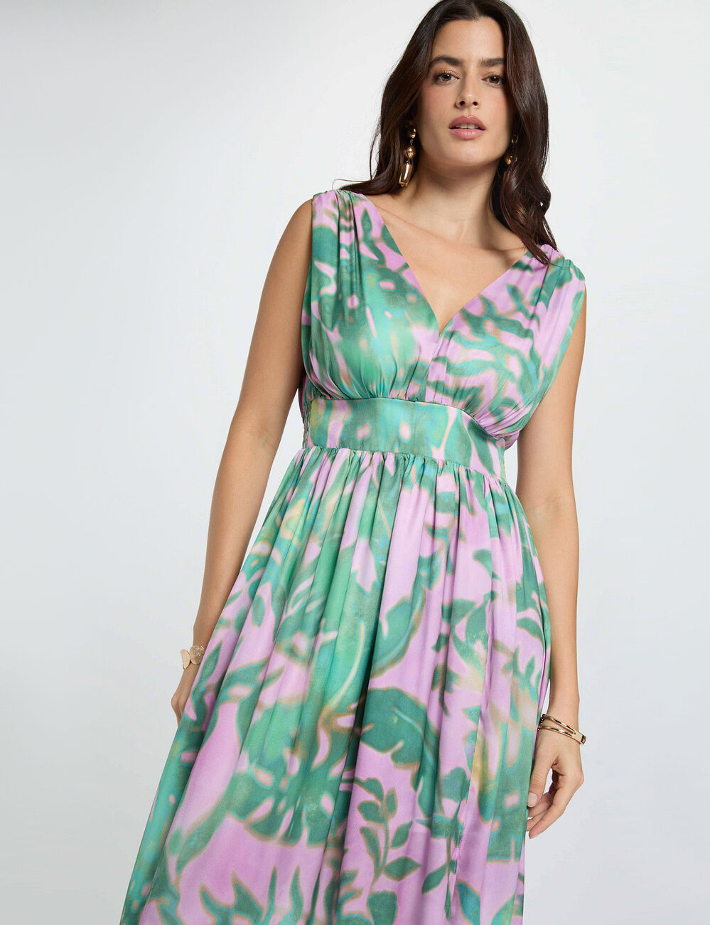 Vestido largo con cuello en V multicolor mujer