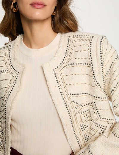 Chaqueta recta con tachuelas marfil mujer