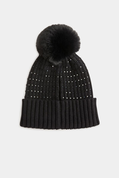 Gorro con strass y pompón negro mujer