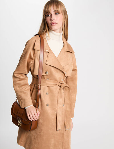 Gabardina larga de antelina marron clair mujer