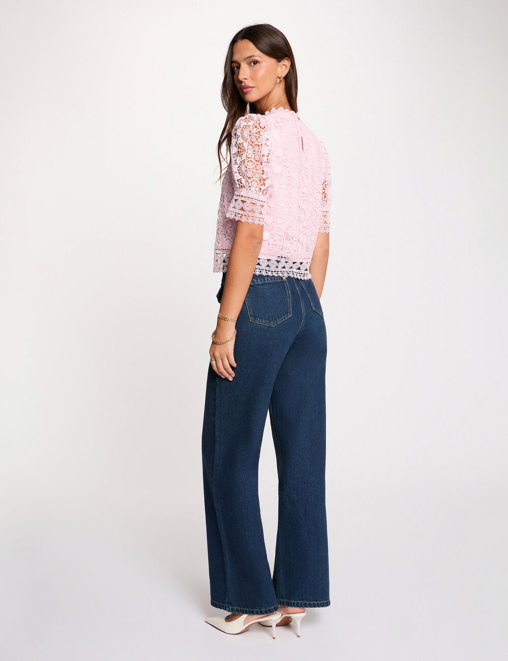 Blusa manga corta con encaje rosa mujer