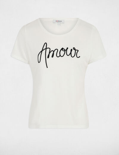 Camiseta recta con inscripci&oacute;n blanco mujer