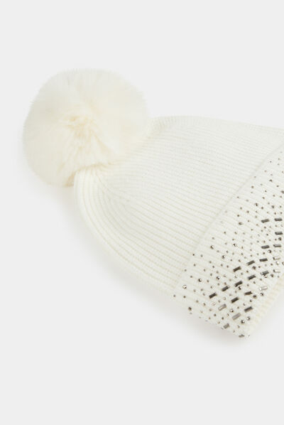 Gorro con strass y pompón beige mujer