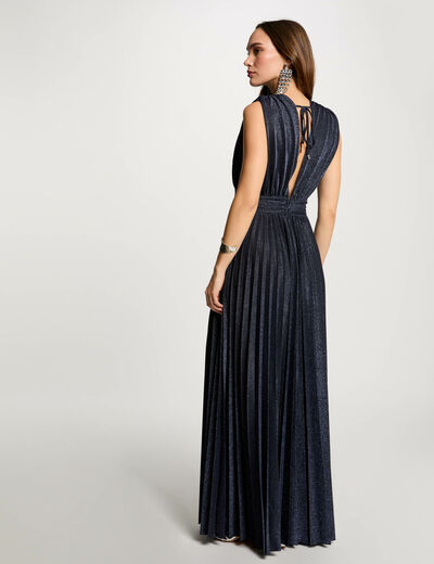 Vestido largo recto plisado azul marino mujer