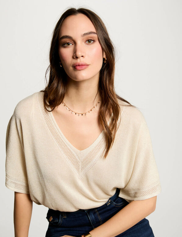 Jersey escote en V manga corta marfil mujer