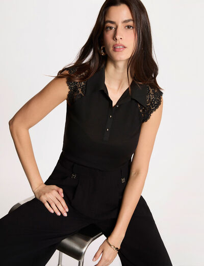 Camiseta encaje cuello solapa negro mujer
