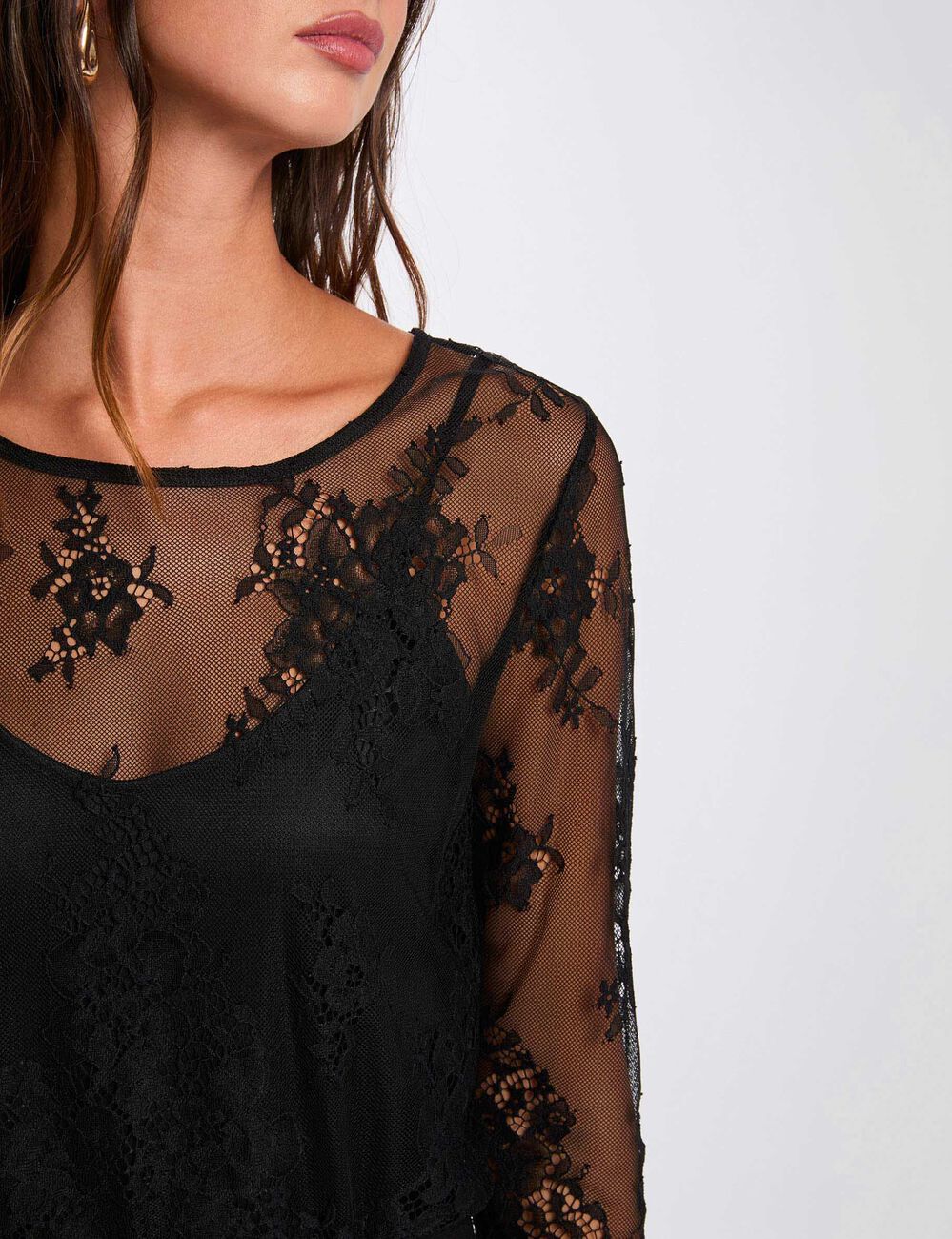 Camiseta de encaje manga larga negro mujer